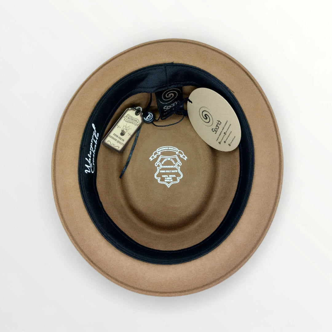 Sbarià felted wool pork pie hat with bow, waterproof and crushable, featuring a stylish band and bow detail.