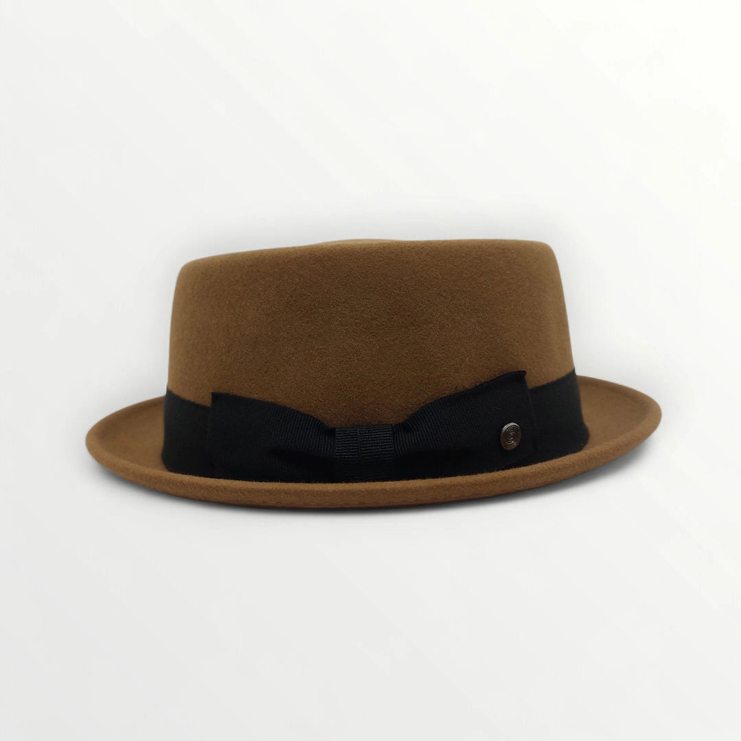 Sbarià felted wool pork pie hat with bow, waterproof and crushable, featuring a stylish design and a classic shape.