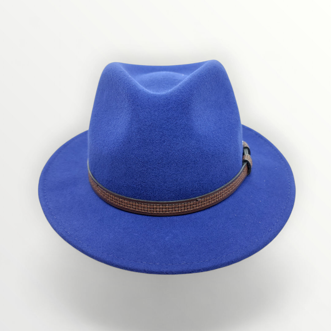 Sbarià waterproof felted wool fedora hat with oval shape, petrol color, and leather band, crushable and stylish for men and women.