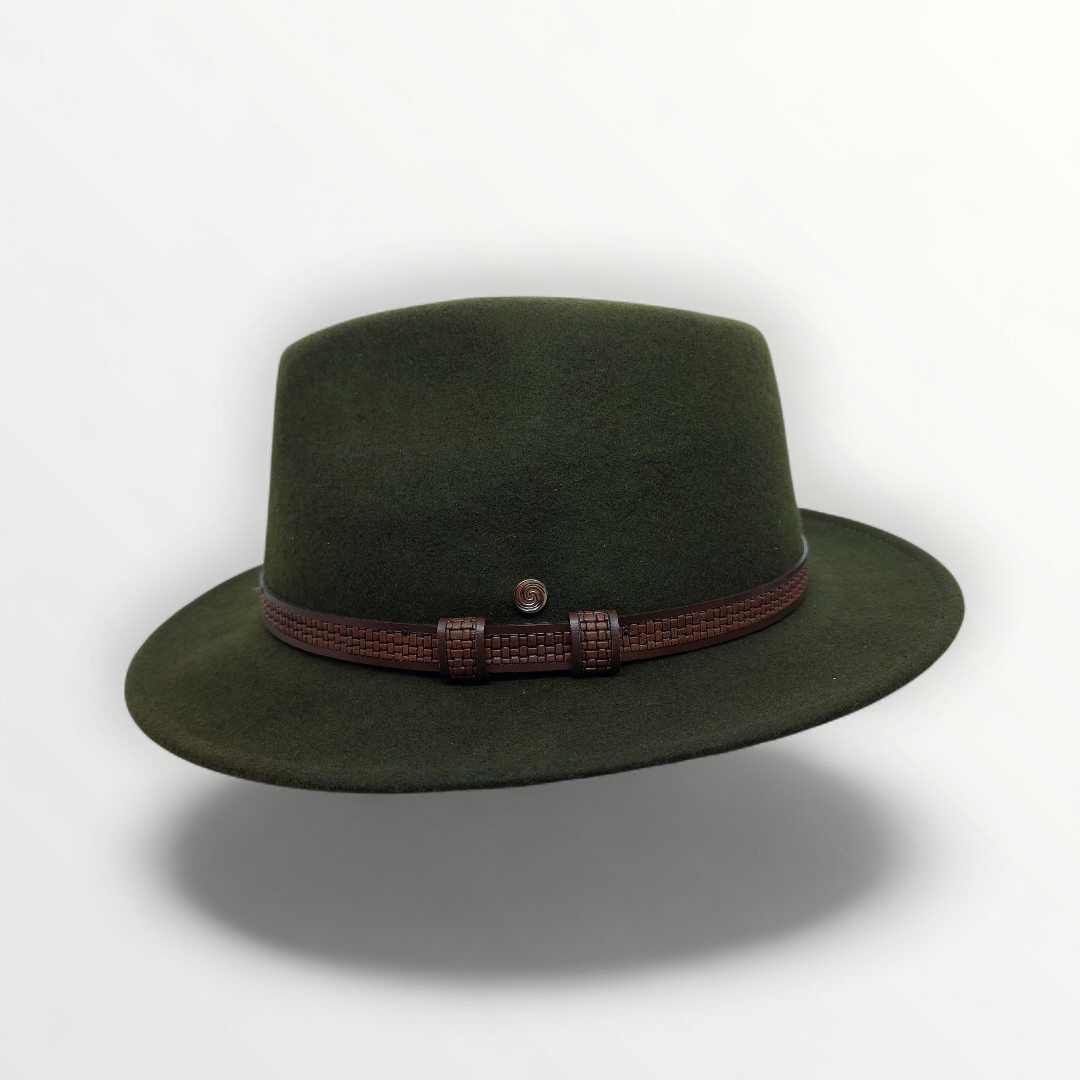 Olive green felt wool fedora hat by Sbarià with leather strap, waterproof and crushable, stylish and durable accessory.
