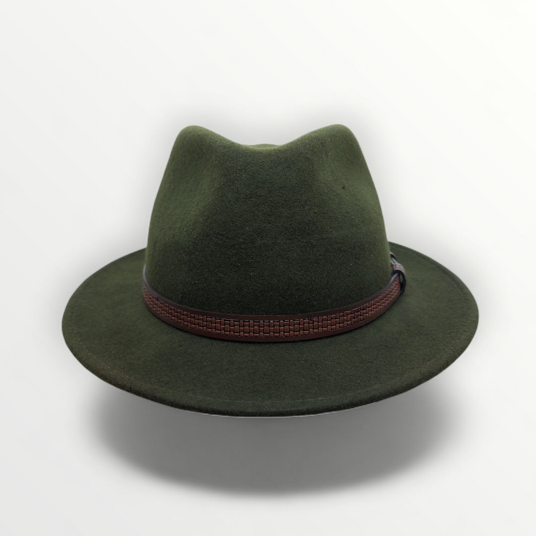 Sbarià felted wool fedora hat in olive green with leather band, waterproof and crushable, stylish and versatile accessory.
