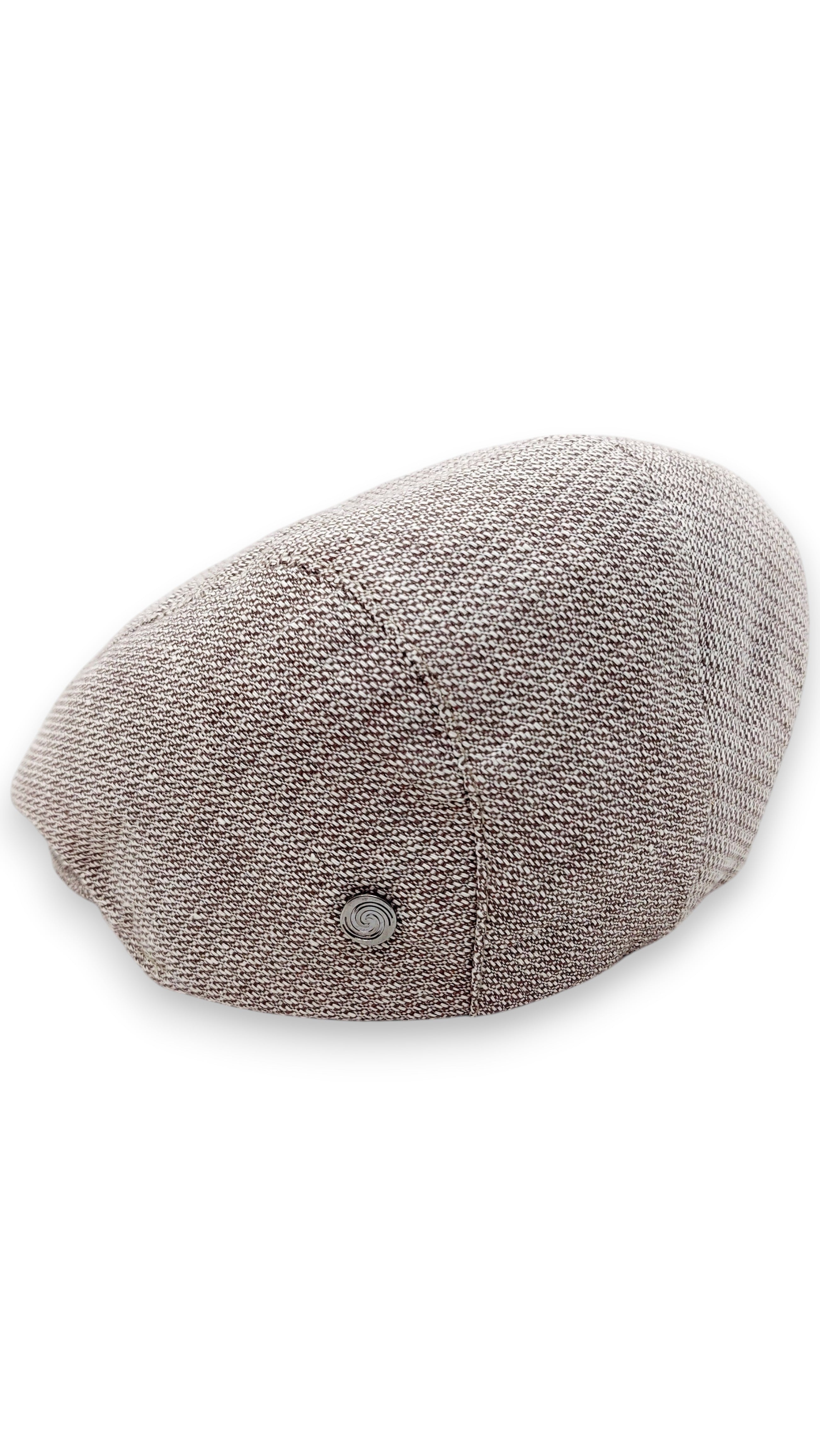 Sbarià beige and brown micro-patterned linen-cotton flat cap with a decorative button detail.