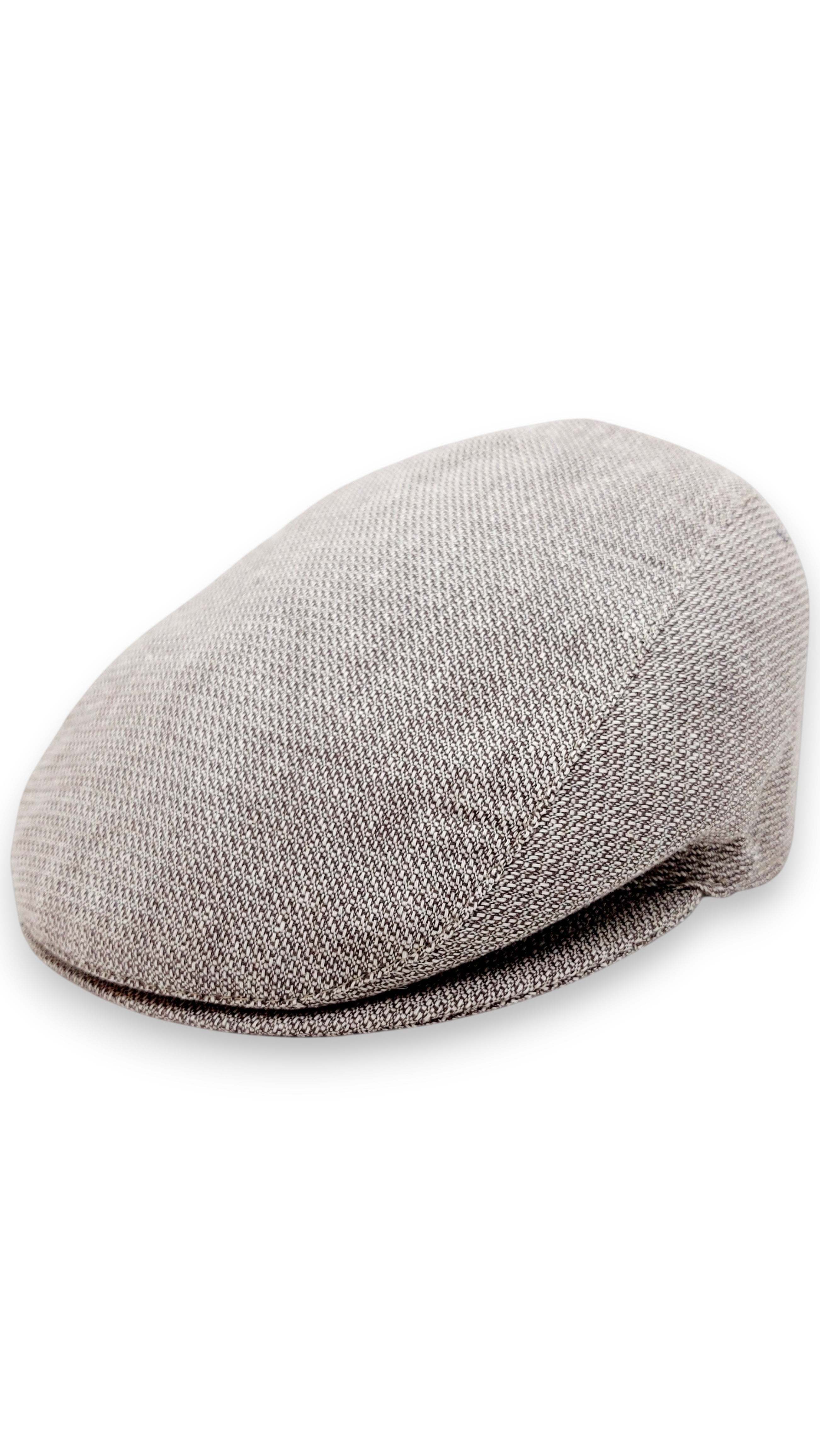 Sbarià beige linen and cotton flat cap with a subtle micro-pattern and classic London cut.