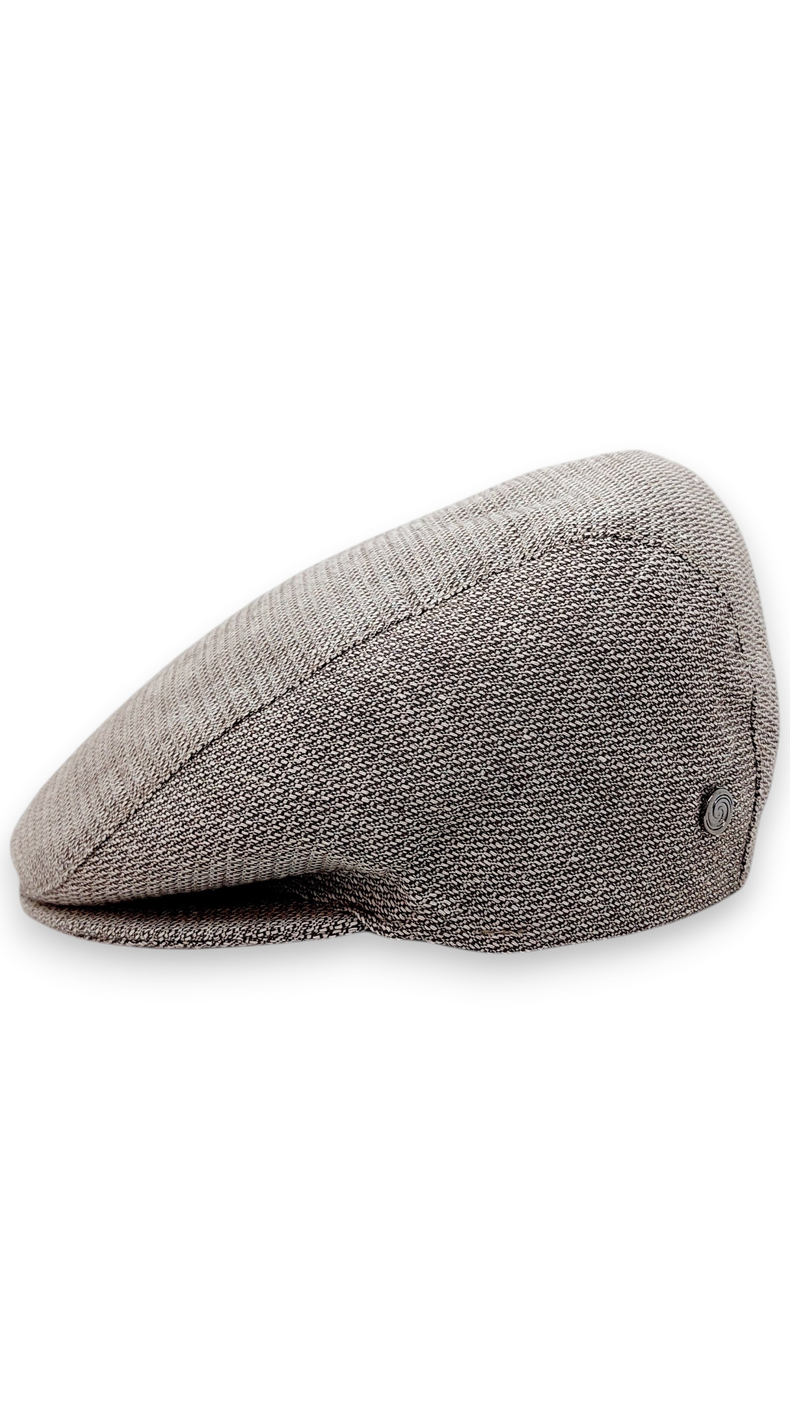 Sbarià beige linen and cotton flat cap with micro-design pattern and button detail.