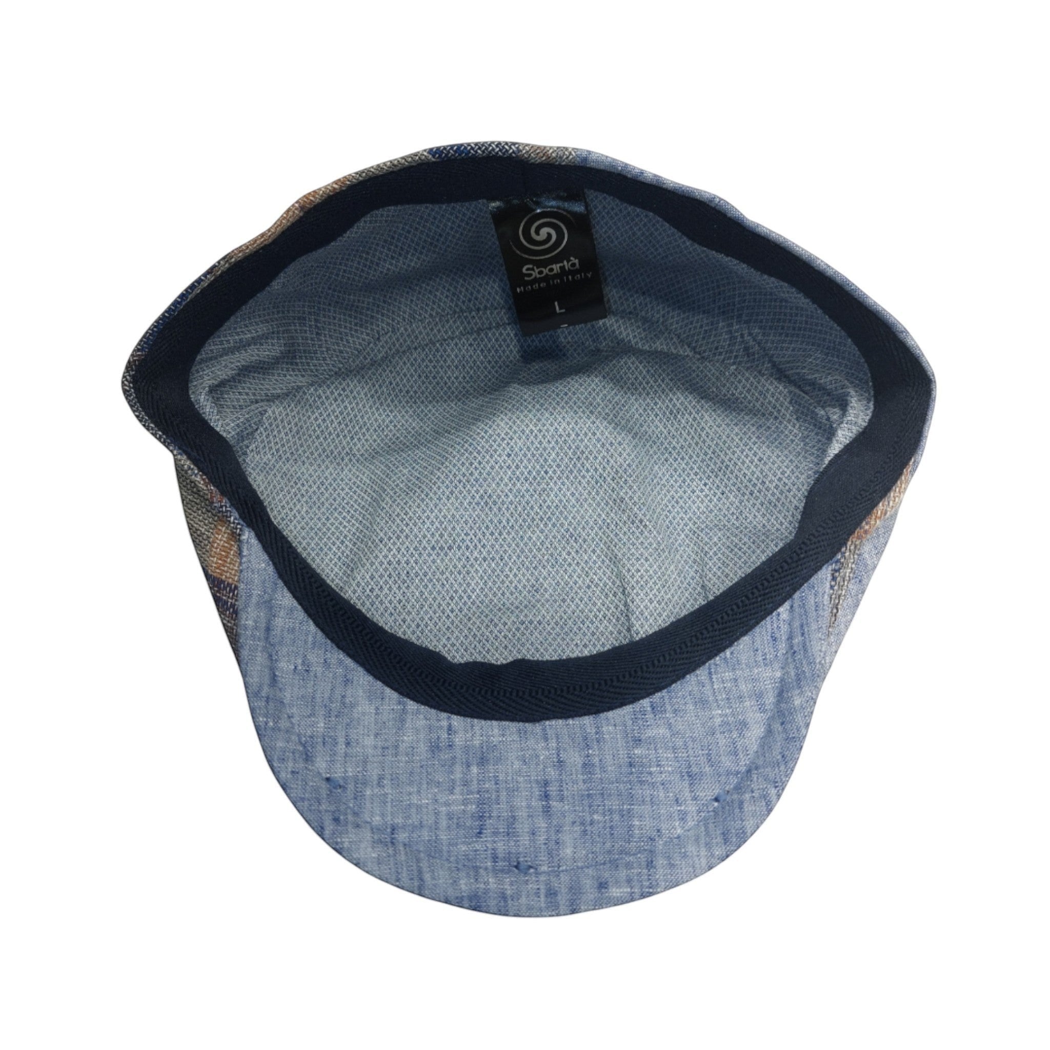 Sbarià Lampedusa cap in blue linen and cotton blend with a checkered pattern and vertical blue linen panels.
