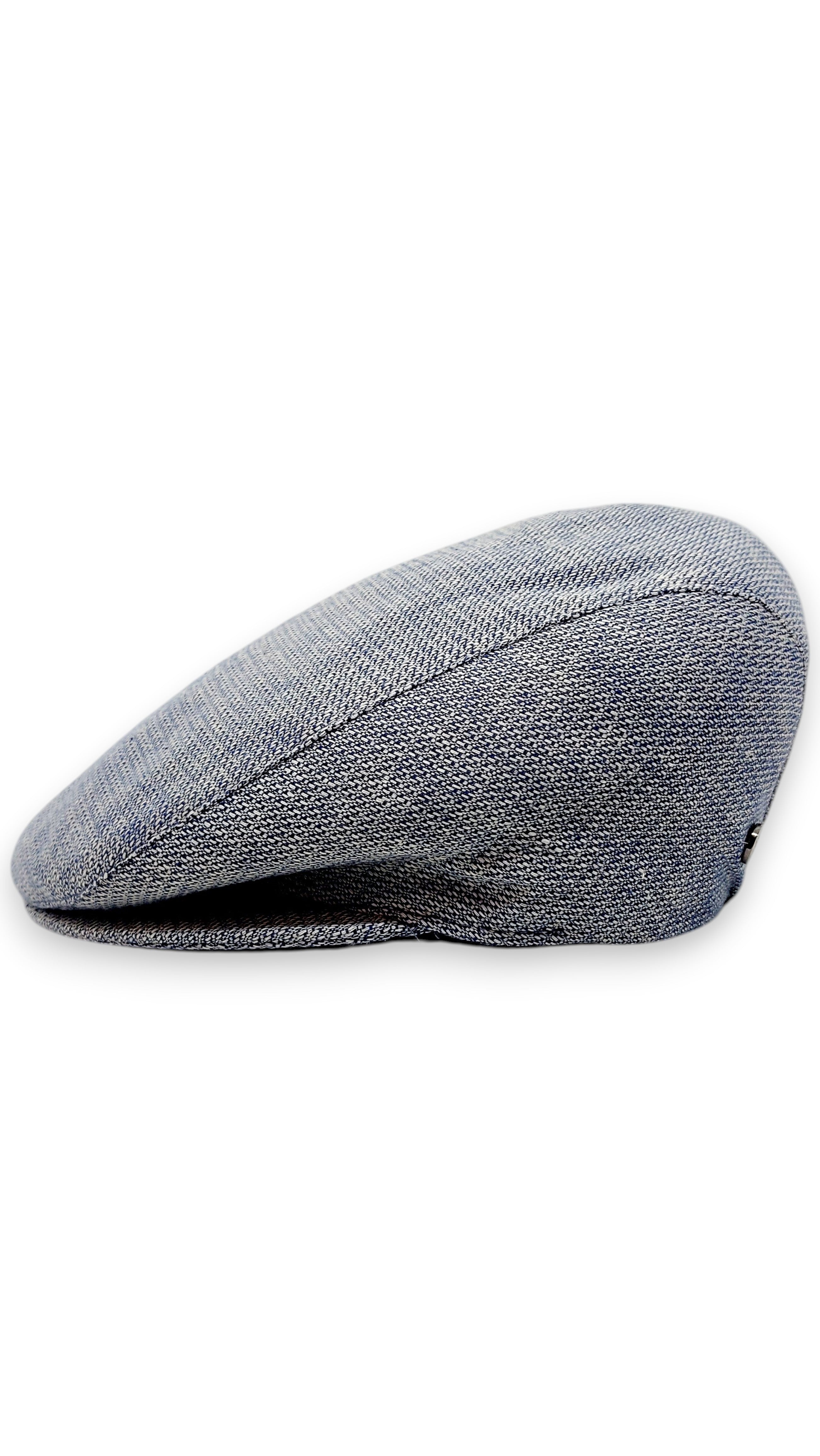 Sbarià blue and beige linen cotton flat cap with micro design and classic London cut.