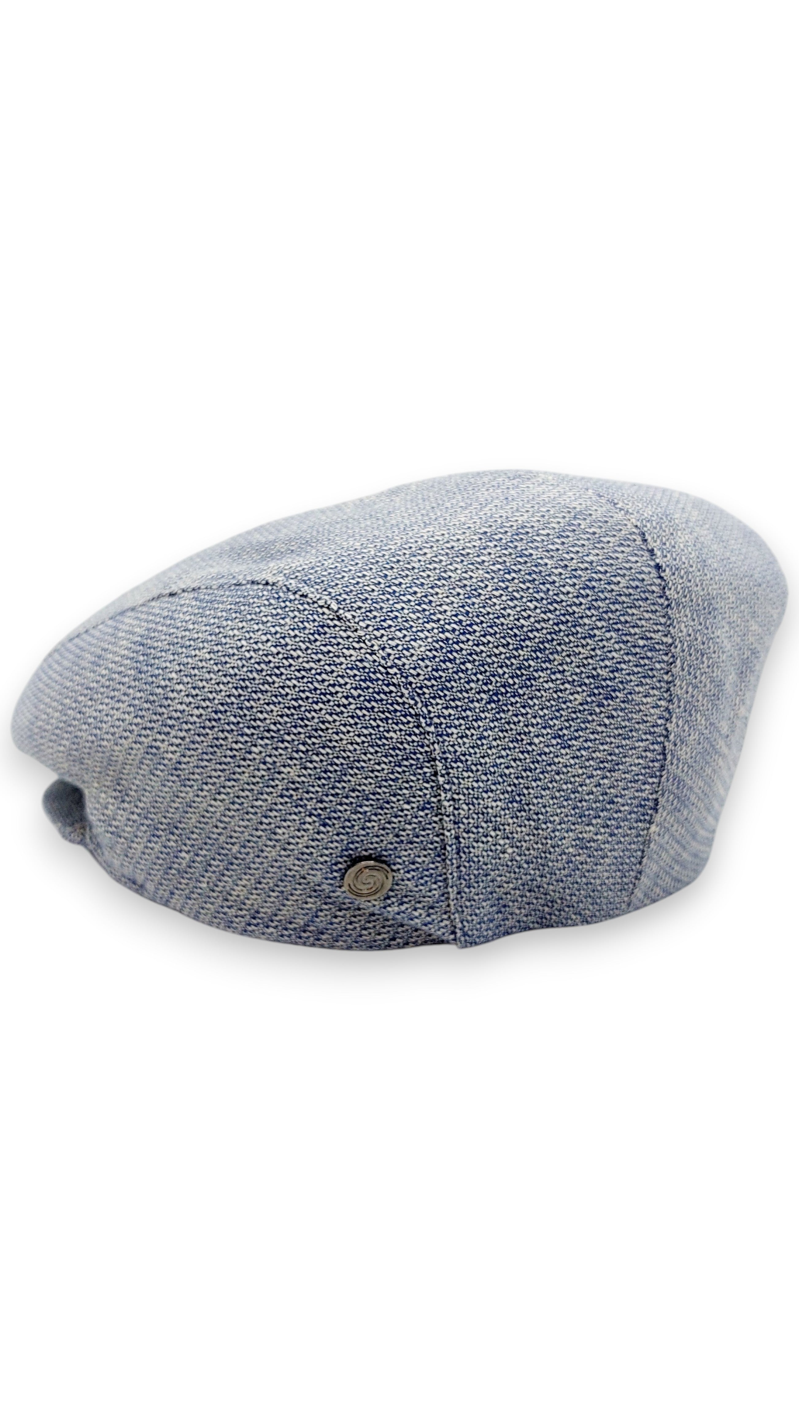 Sbarià blue and beige linen-cotton blend flat cap with micro-design and metal button detail.
