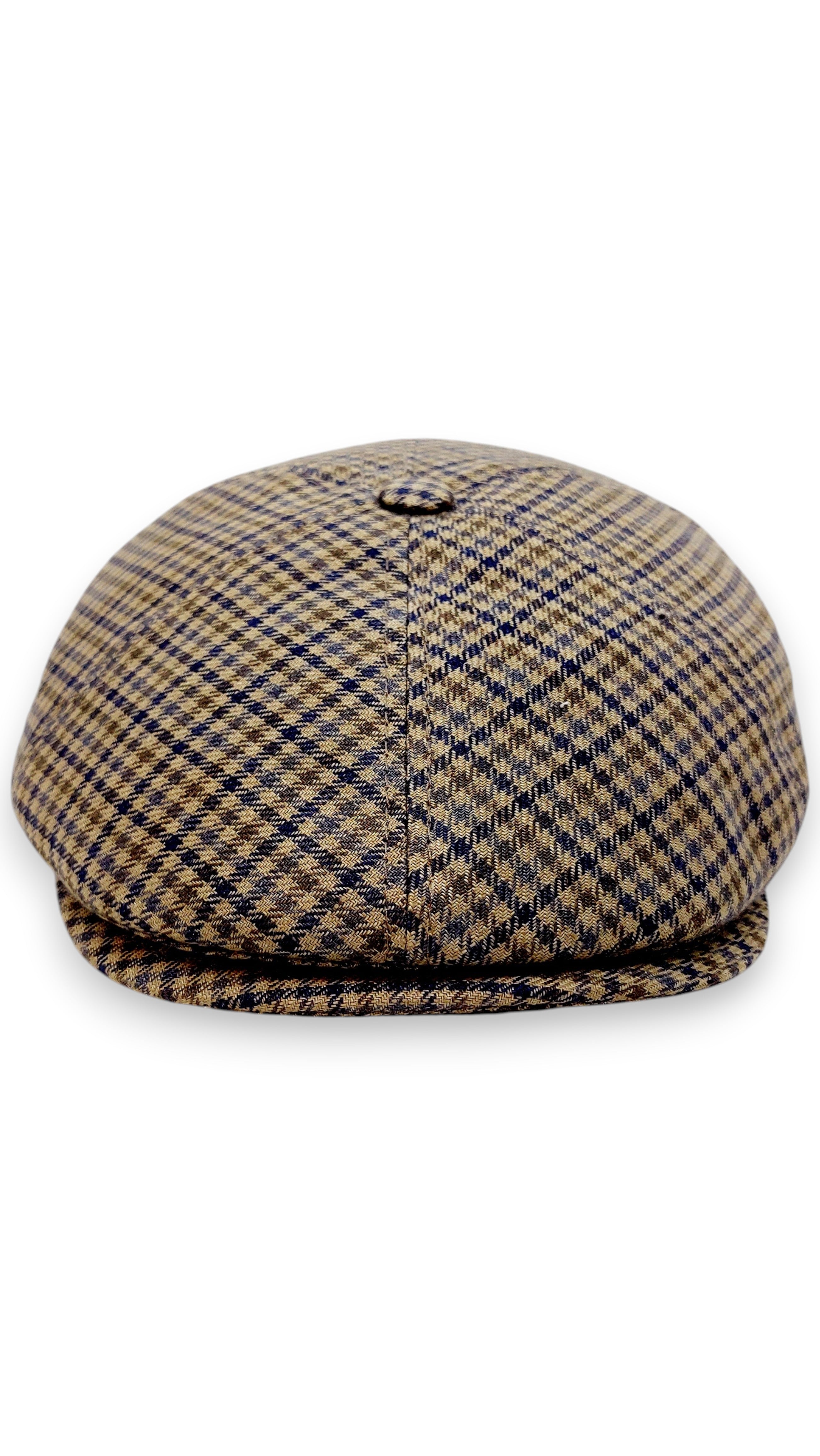 Sbarià brown and blue pied de poule 100% linen flat cap with cotton lining and UV protection.