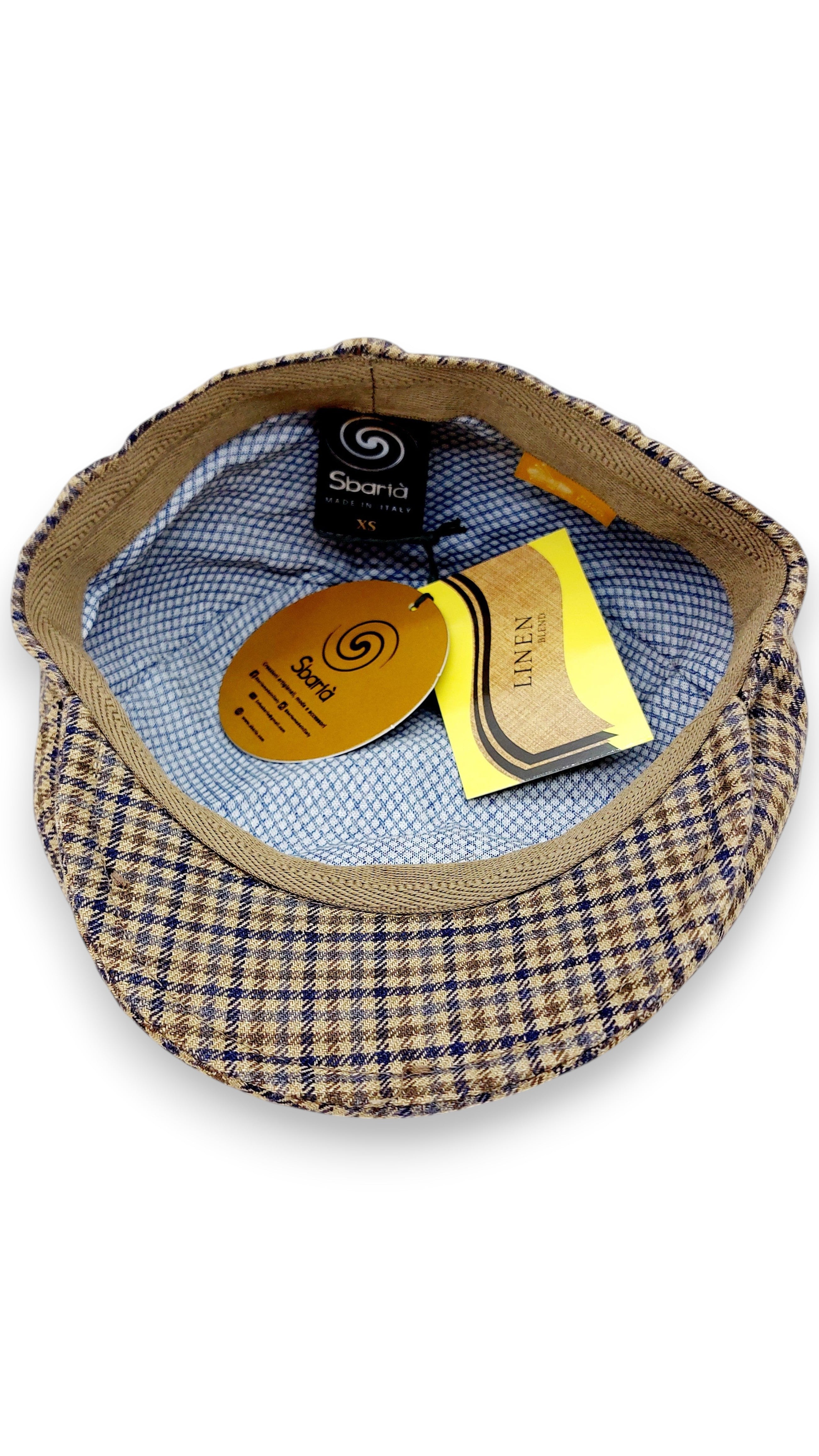 Sbarià brown and blue pied de poule pattern 100% linen flat cap with cotton lining and UV protection.