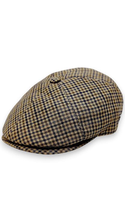 Sbarià brown and navy pied de poule 100% linen flat cap with cotton lining and UV protection.