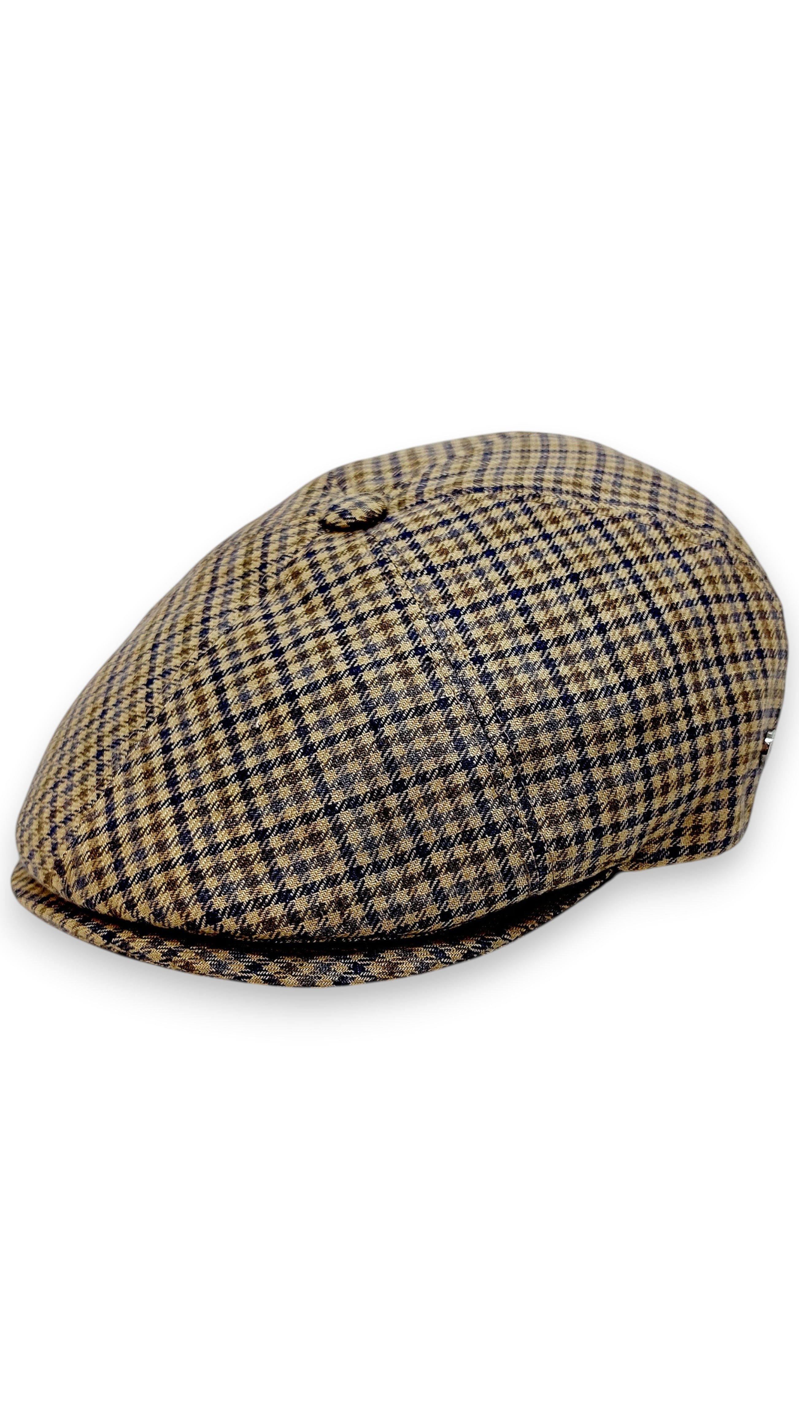 Sbarià brown and navy pied de poule 100% linen flat cap with cotton lining and UV protection.