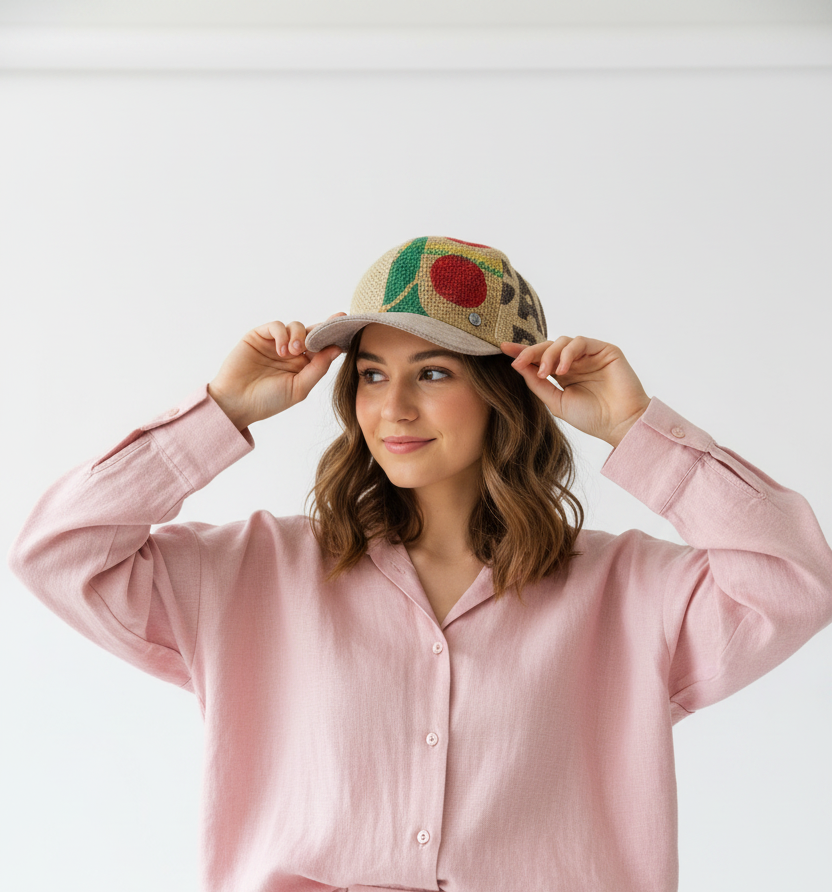 Donna con cappello baseball Sbarià in sacco di juta riciclata da caffè, look primaverile, sfondo bianco studio