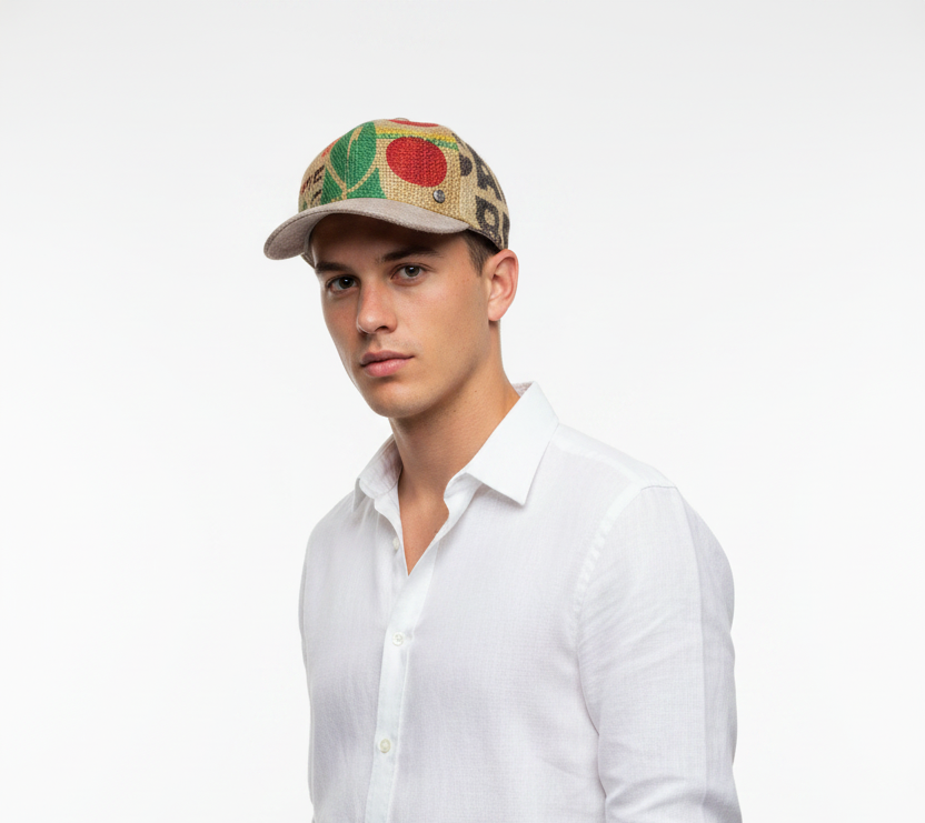 Uomo con cappello baseball artigianale in sacco di juta riciclata da caffè, outfit primaverile, sfondo bianco studio