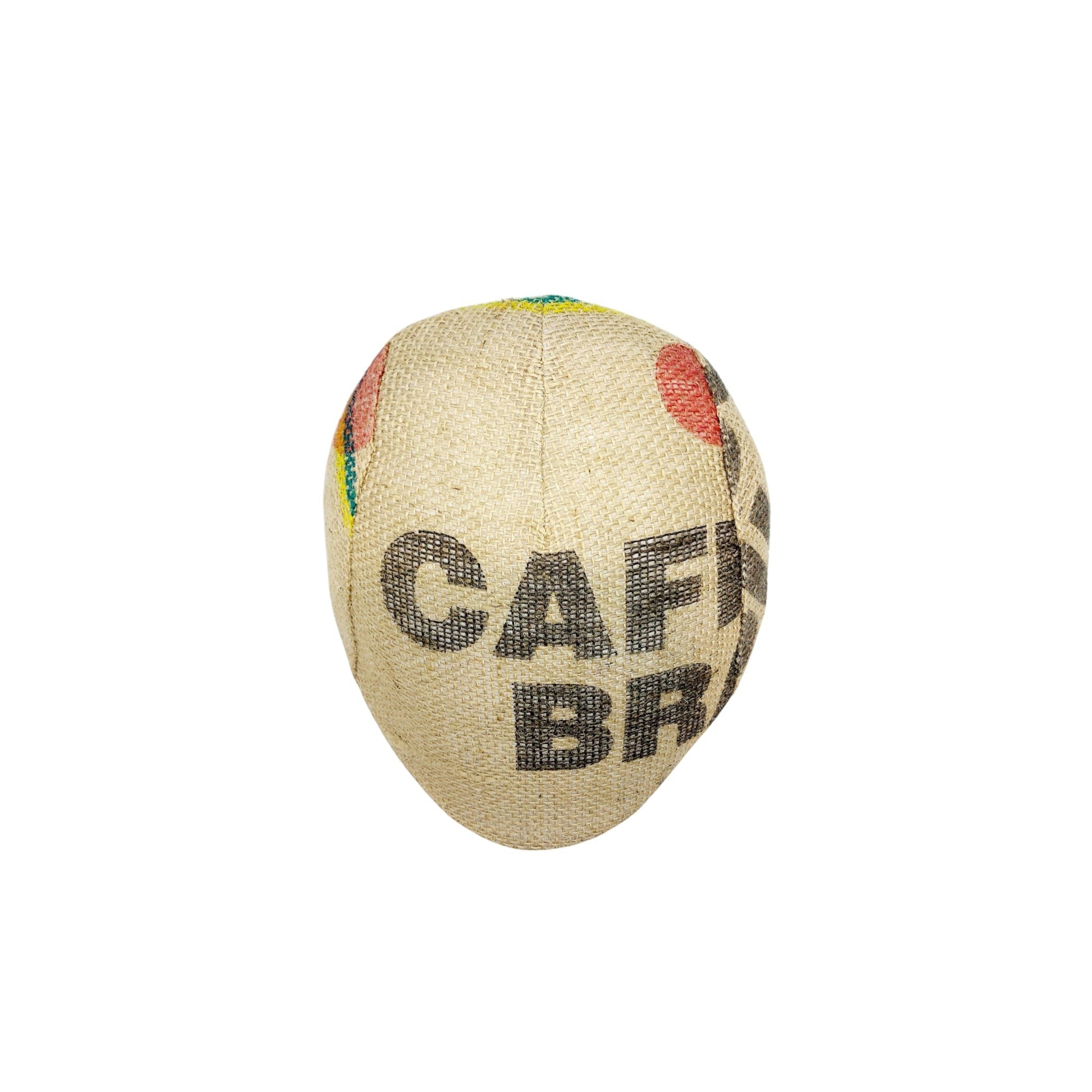 Sbarià Coppola Bang hat made from recycled coffee sack jute with 'CAFE BR' print and beige linen brim. Unique, handcrafted design.
