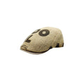 Sbarià artisanal coffee sack flat cap made of jute with beige linen brim and black lettering. Unique, handmade Italian design.