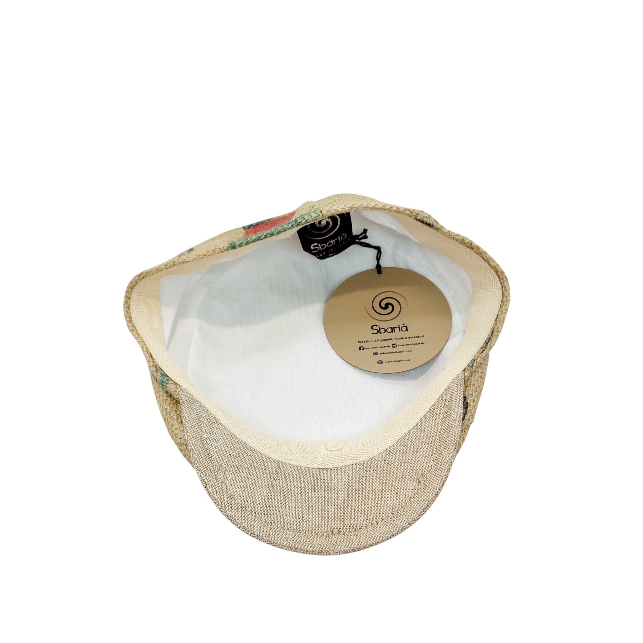 Sbarià artisanal coffee sack flat cap made from jute with a beige linen brim and white cotton lining. Features subtle colourful print details.