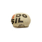 Sbarià artisanal coffee sack flat cap made from jute with beige linen brim and black text. Unique, handmade design.