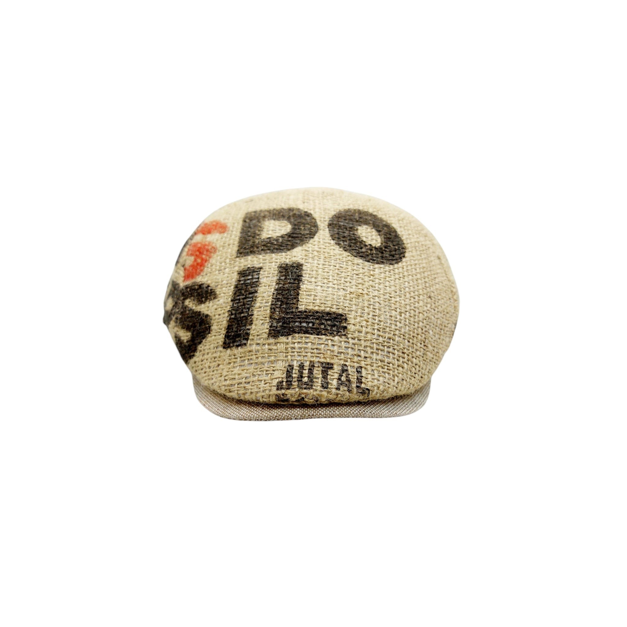 Sbarià artisanal coffee sack flat cap made from jute with beige linen brim and black text. Unique, handmade design.