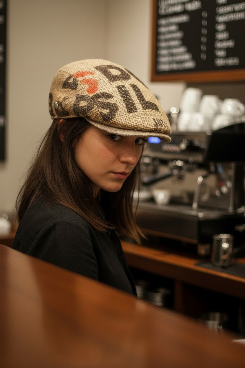 Sbarià Coppola Bang hat made from recycled coffee sack jute with beige linen brim and cotton lining. Features bold black lettering.