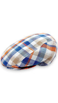 Sbarià London multicolor madras flat cap in linen and cotton blend. Features a plaid pattern with blue, orange, beige, and white.