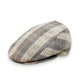 Sbarià London Tartan flat cap in beige, grey, and cream plaid. Made from a linen blend with a handcrafted Italian finish.