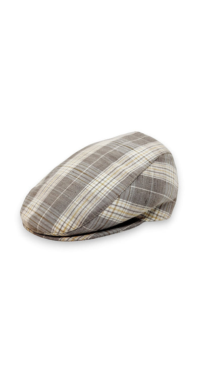 Sbarià London Tartan flat cap in beige, grey, and cream plaid. Made from a linen blend with a classic cut.