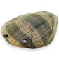 Sbarià Coppola London Tartan flat cap in green, orange, and beige plaid. Made from a linen blend with a button detail.