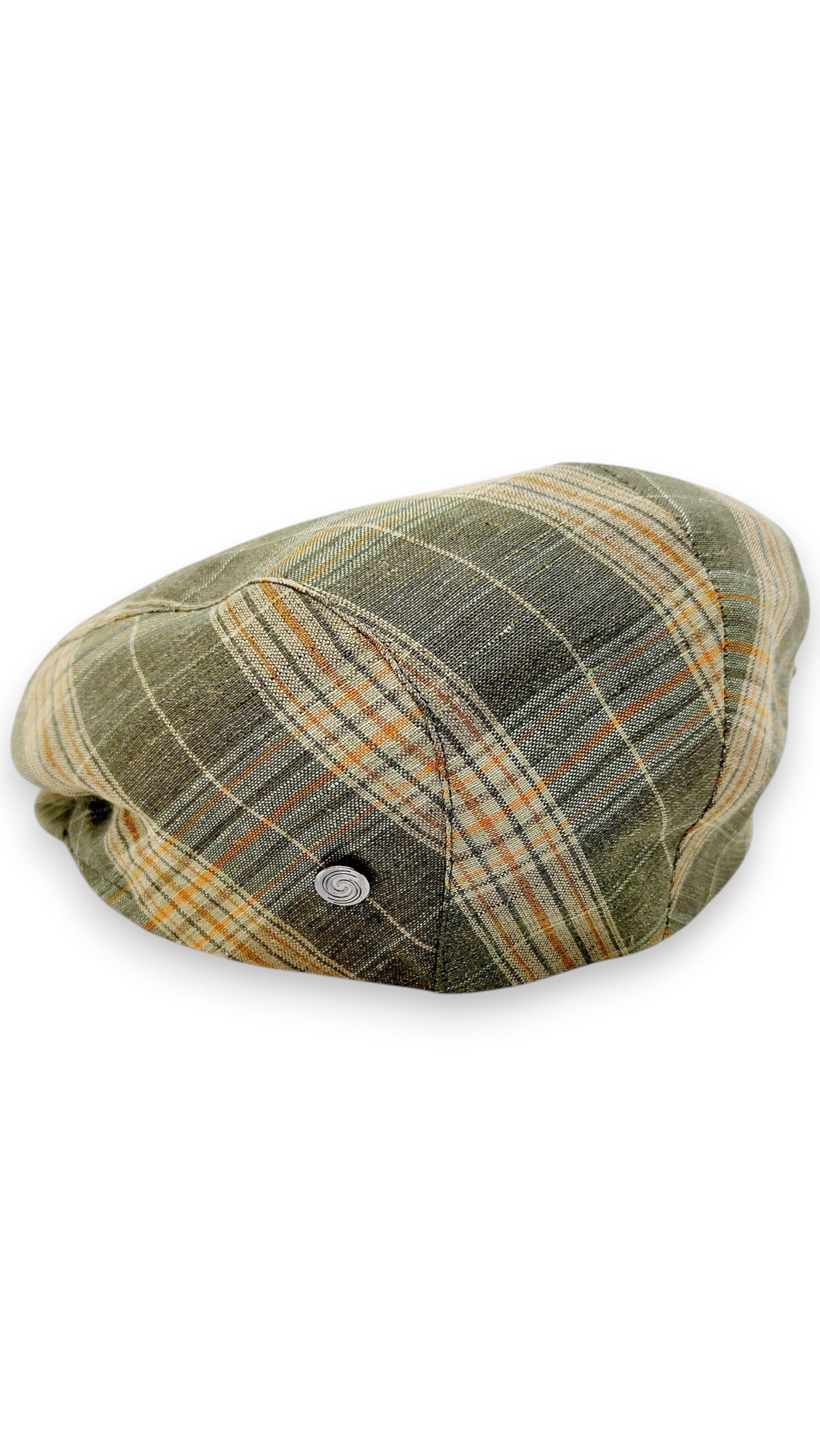 Sbarià Coppola London Tartan flat cap in green, orange, and beige plaid. Made from a linen blend with a button detail.