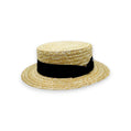 Sbarià natural straw boater hat with black ribbon and side bow, flat brim, square crown.