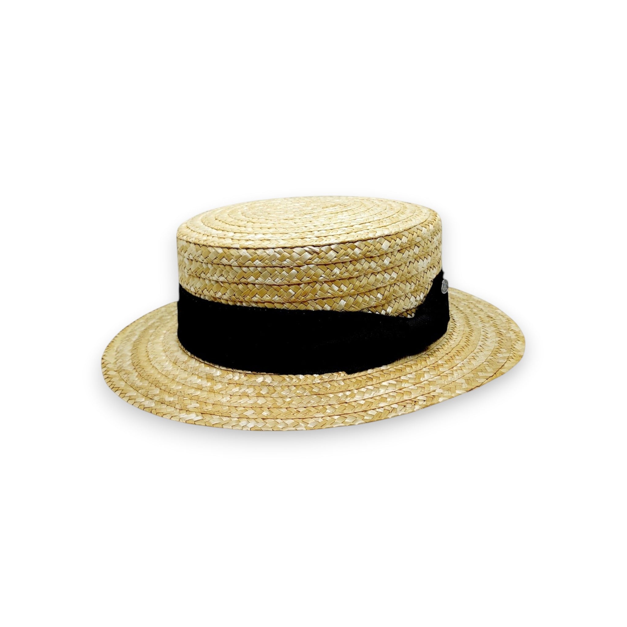 Sbarià natural straw boater hat with black ribbon band and side bow, flat brim, square crown.