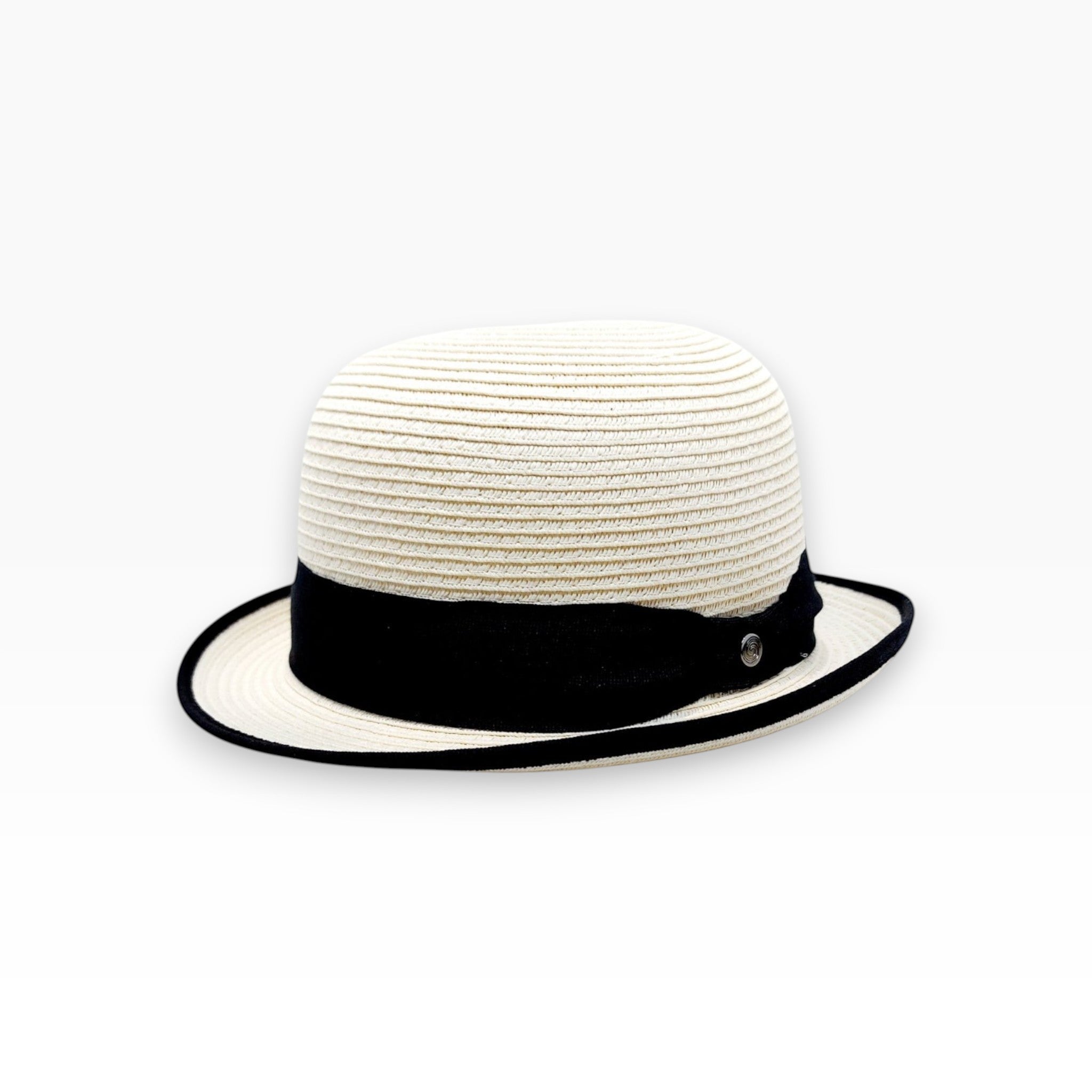 Sbarià natural straw bowler hat with black cotton band and brim trim. Classic dome shape.