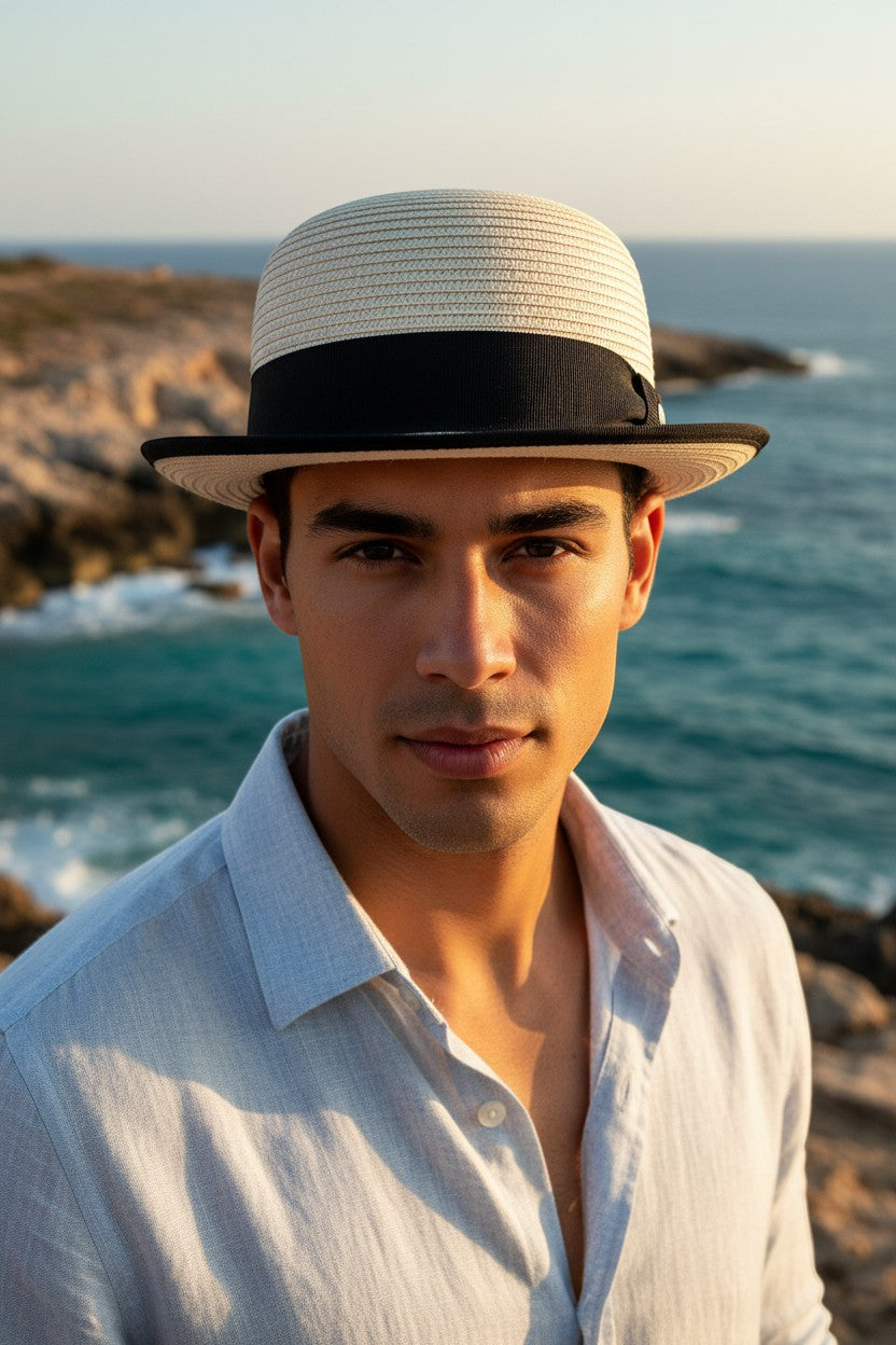 Sbarià natural paper straw bowler hat with black grosgrain band and brim trim, perfect for summer.