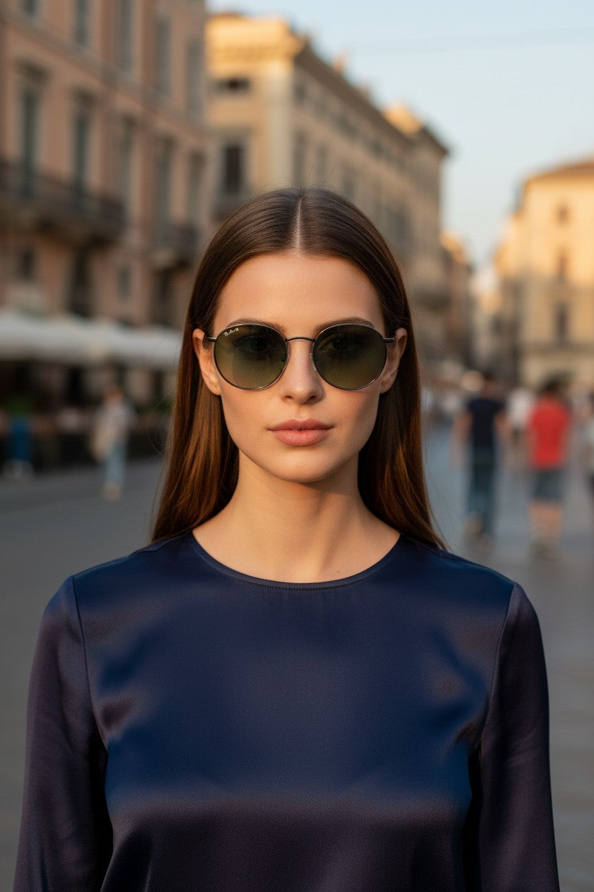 Modella indossa occhiali da sole rotondi Sbarià Catania con montatura in alpacca e lenti scure in stile vintage