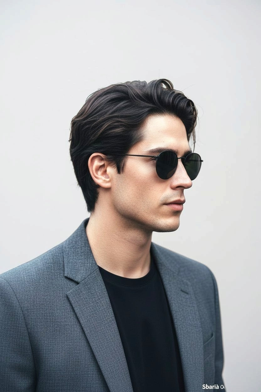 Uomo indossa occhiali da sole rotondi Sbarià con montatura sottile in metallo nero e lenti scure, stile elegante.