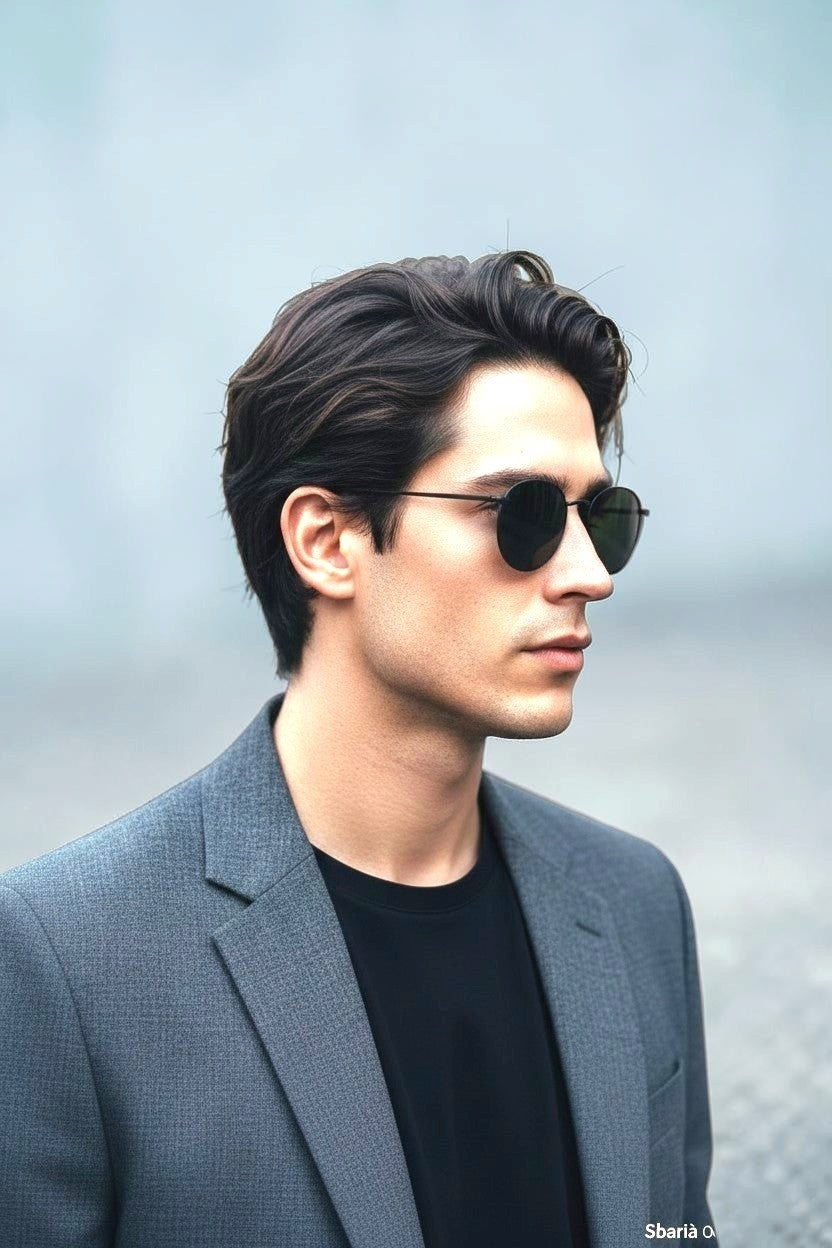 Uomo indossa occhiali da sole rotondi Sbarià con montatura sottile in metallo nero e lenti scure, stile elegante.
