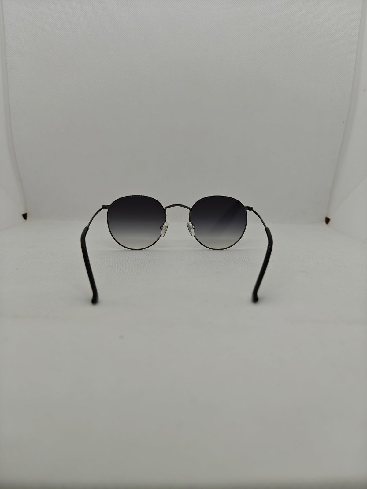 Occhiali da sole rotondi Sbarià in alpacca galvanizzata con lenti sfumate, stile vintage anni 70 fatto a mano