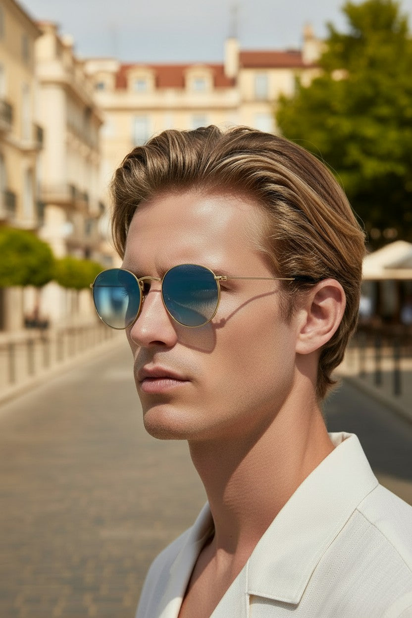 Uomo indossa occhiali da sole rotondi Sbarià con montatura in alpacca galvanizzata e lenti sfumate in stile vintage