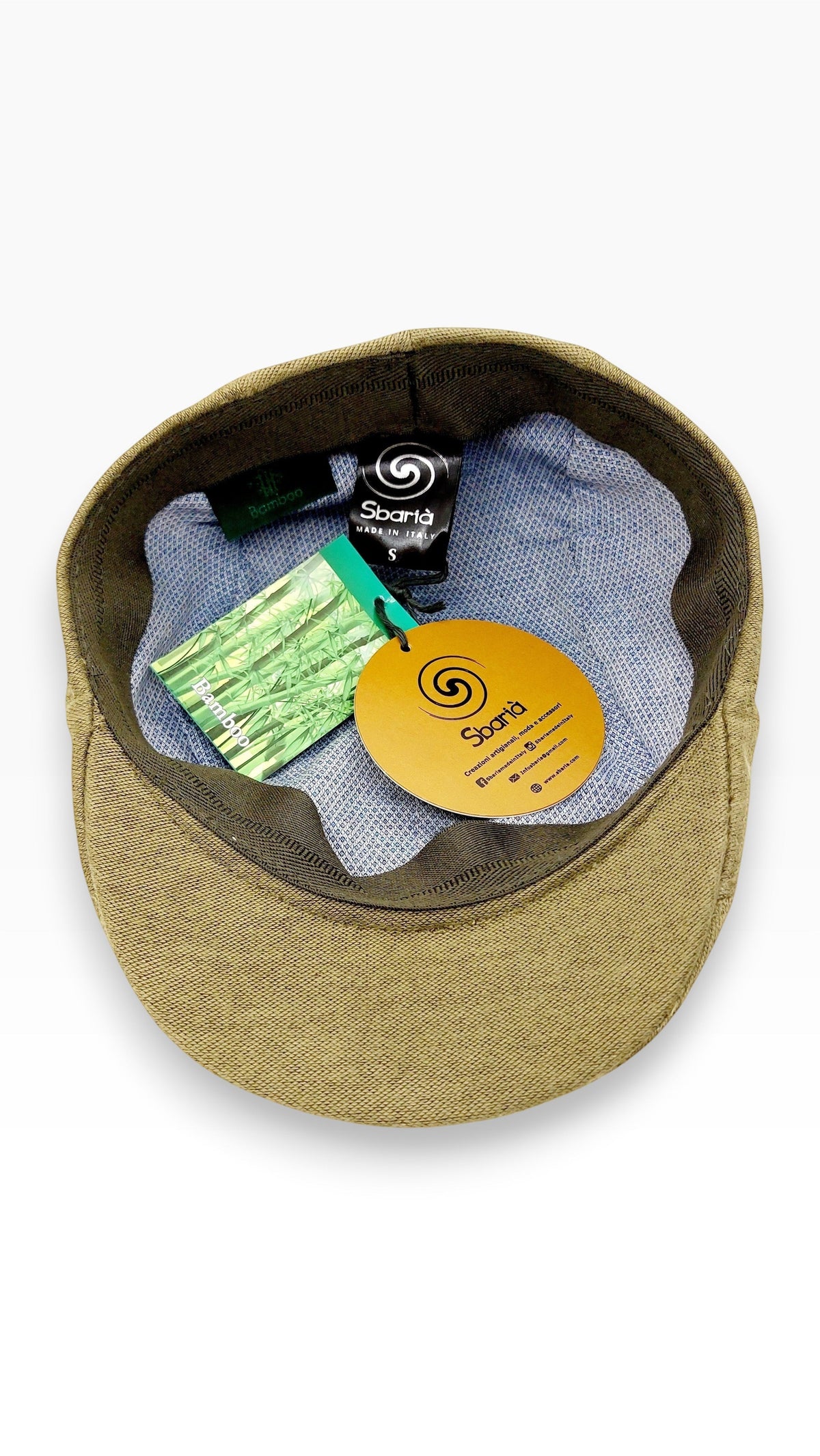 Sbarià olive green bamboo fabric Coppola Duffy cap with a light blue patterned lining.