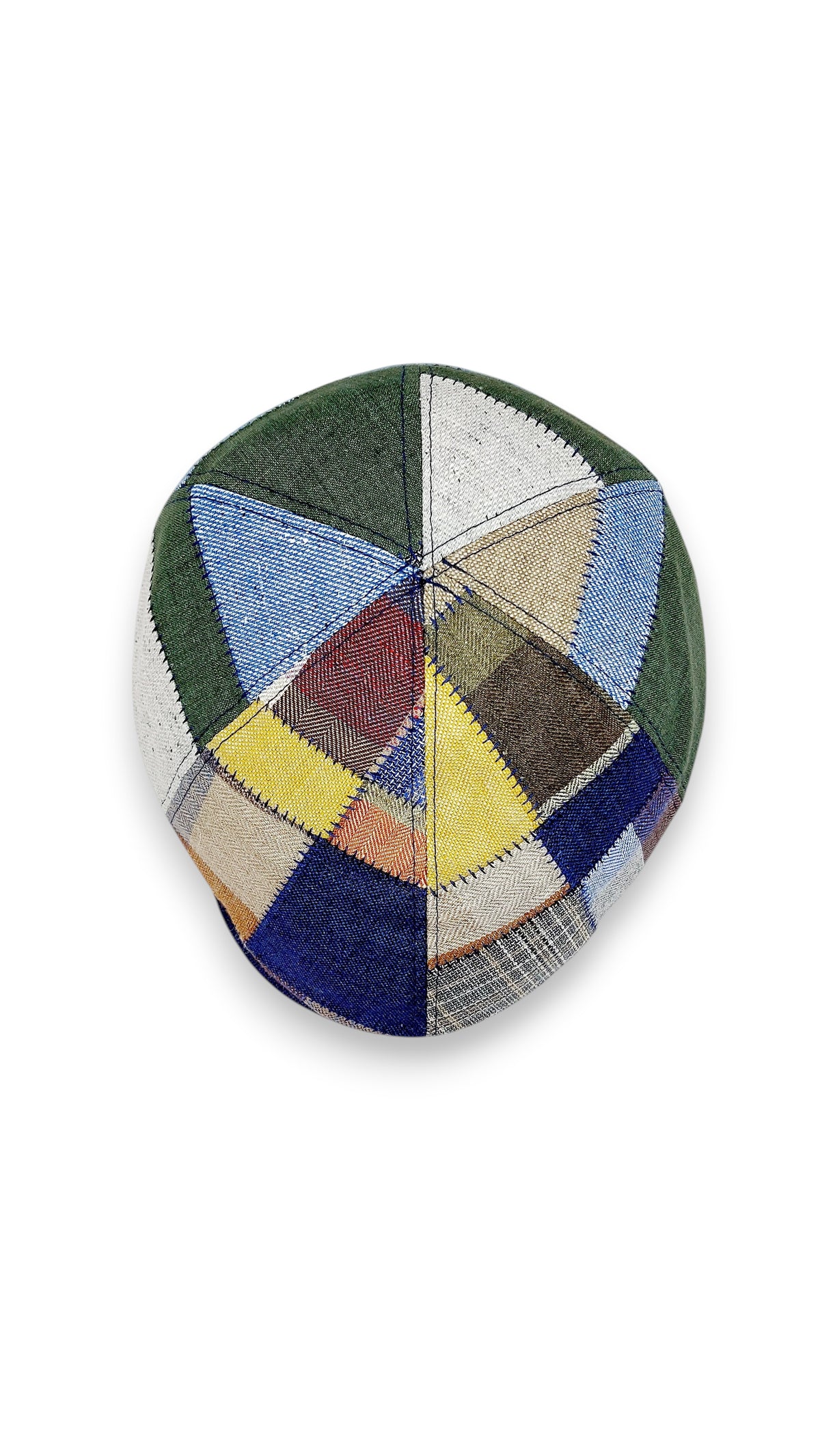 Sbarià Gatsby patchwork cap in pure linen, featuring a 6-panel design with a blue stitch detail and a mix of colours and patterns.