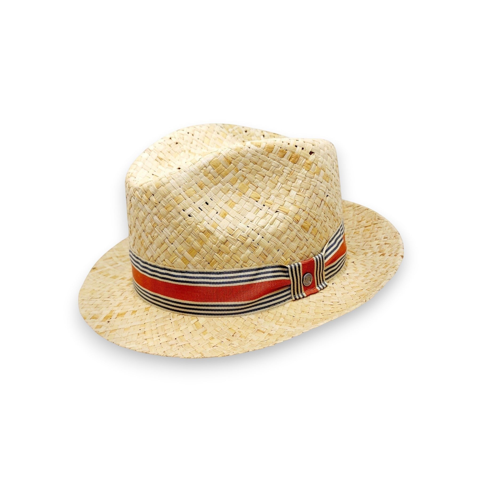 Sbarià natural raffia crushable fedora hat with red, white, and black striped band and metal pin.