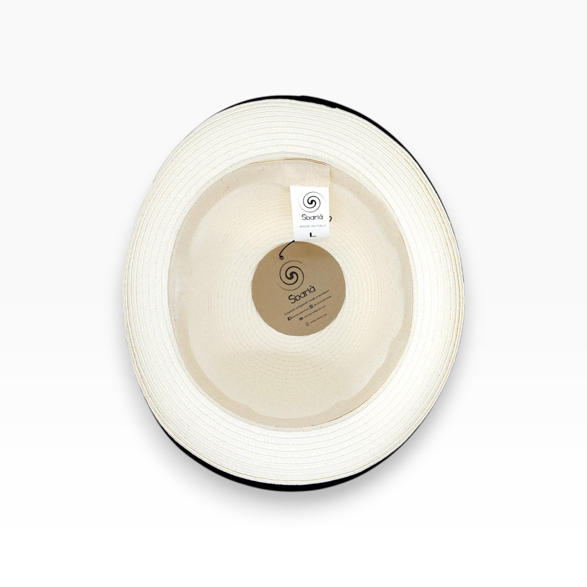 Sbarià natural paper straw bowler hat with black grosgrain band and brim. Made in Italy.