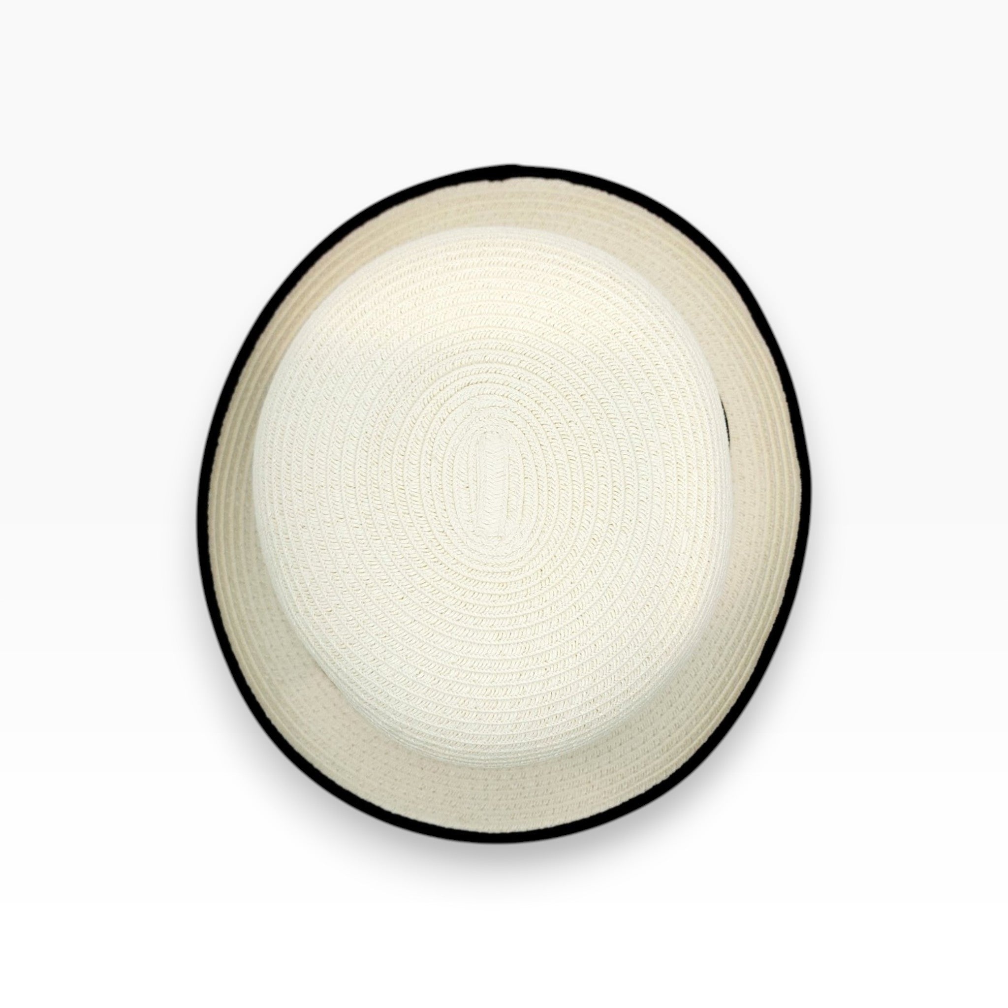 Sbarià white paper straw bowler hat with black grosgrain band and brim trim. Classic shape, ideal for summer.