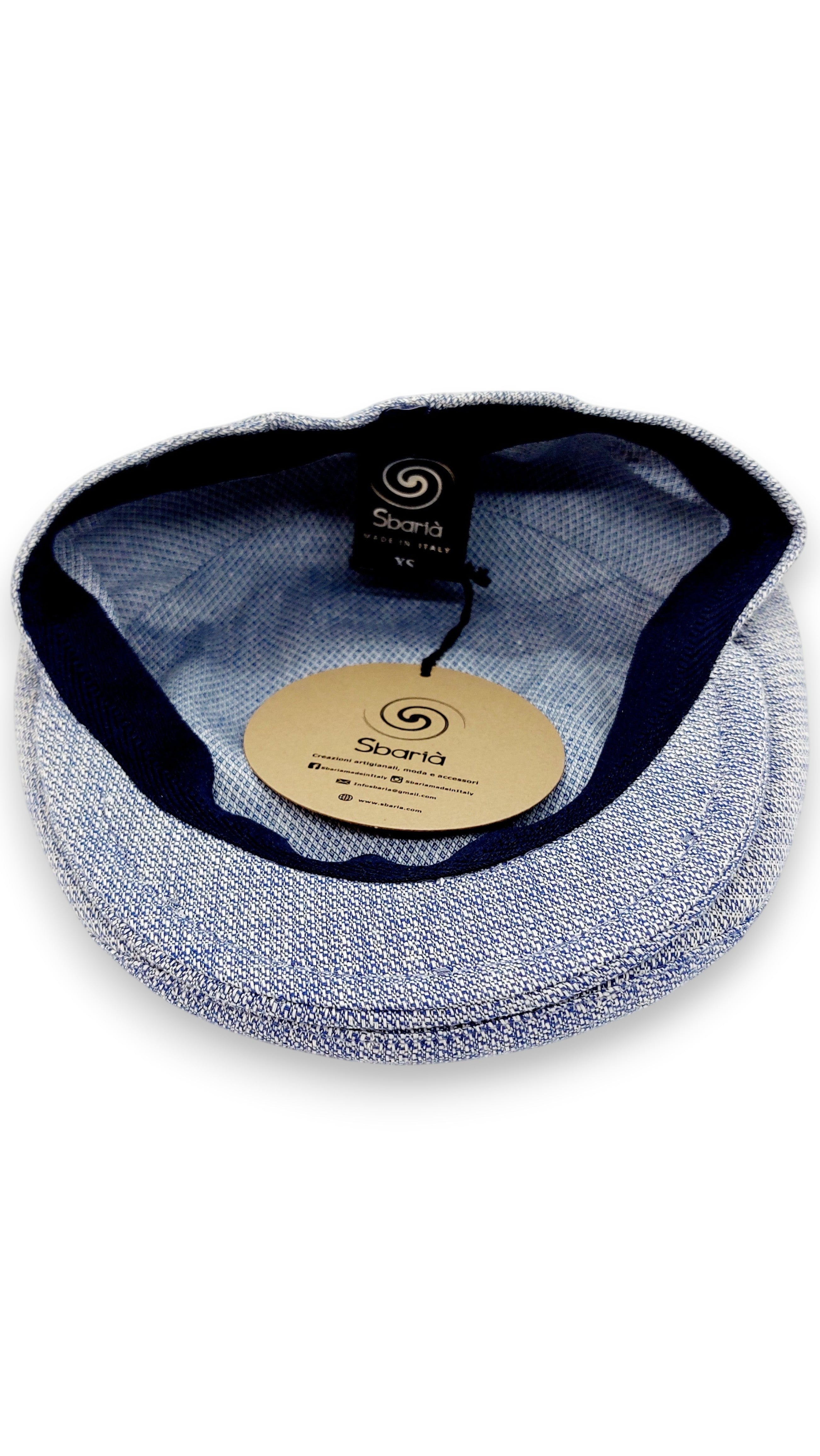 Sbarià blue linen and cotton flat cap with micro design and navy lining.