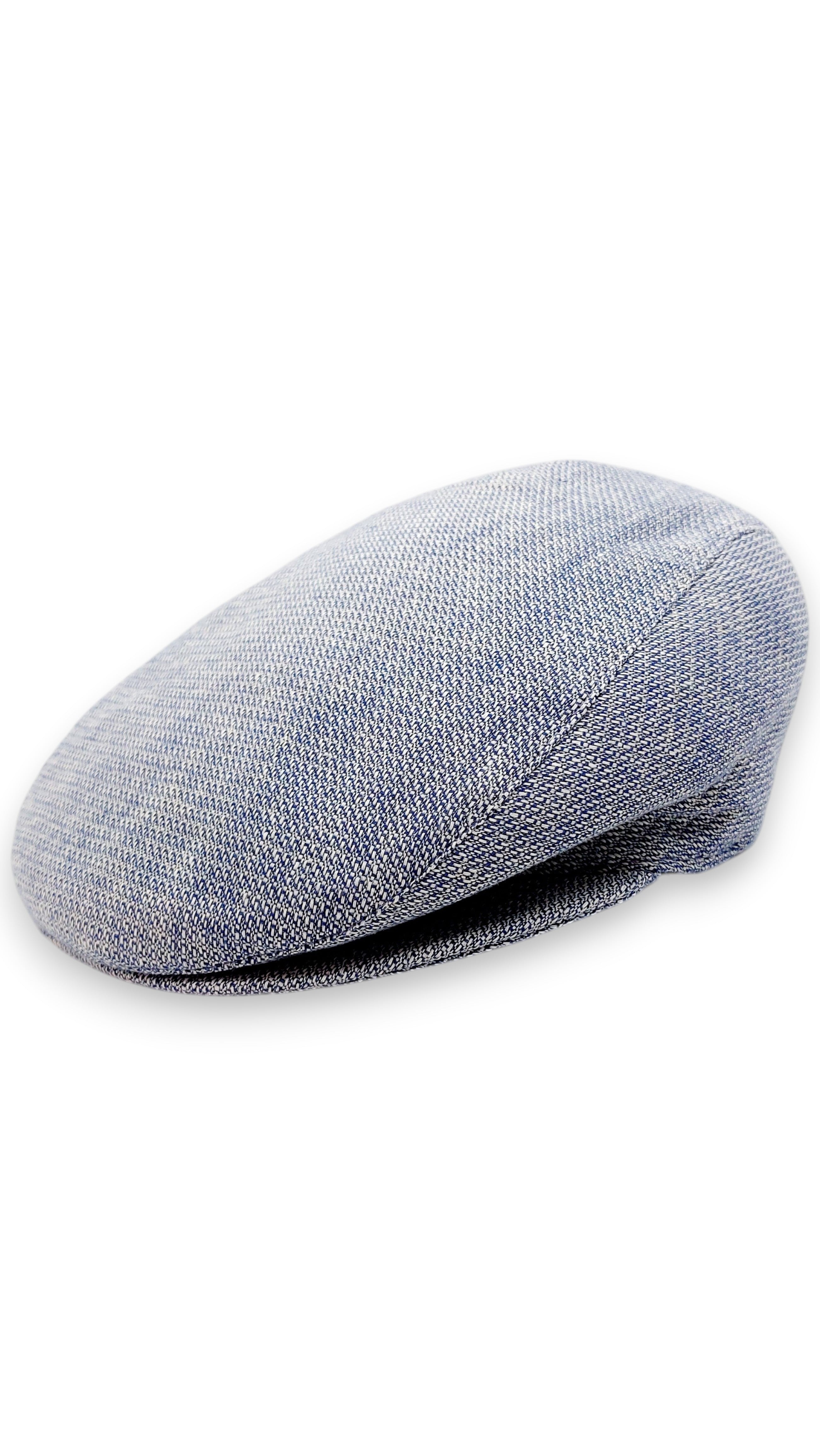 Sbarià blue and beige linen-cotton blend flat cap with micro-design pattern and classic London cut.