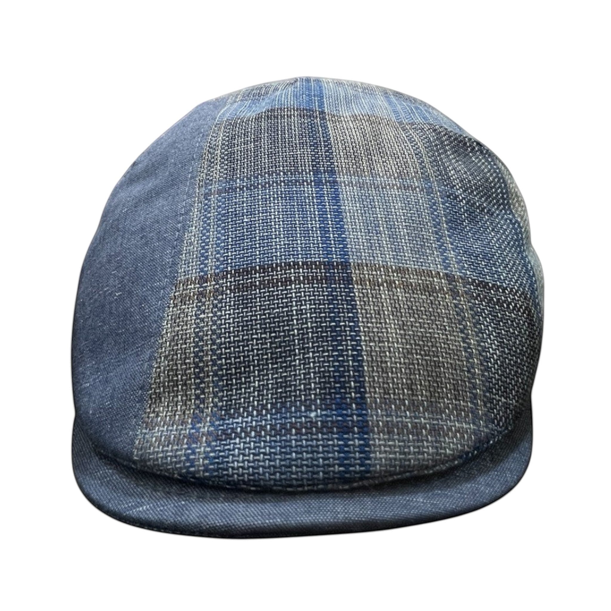 Sbarià Coppola Lampedusa flat cap in blue plaid linen and cotton blend with vertical blue linen panels.