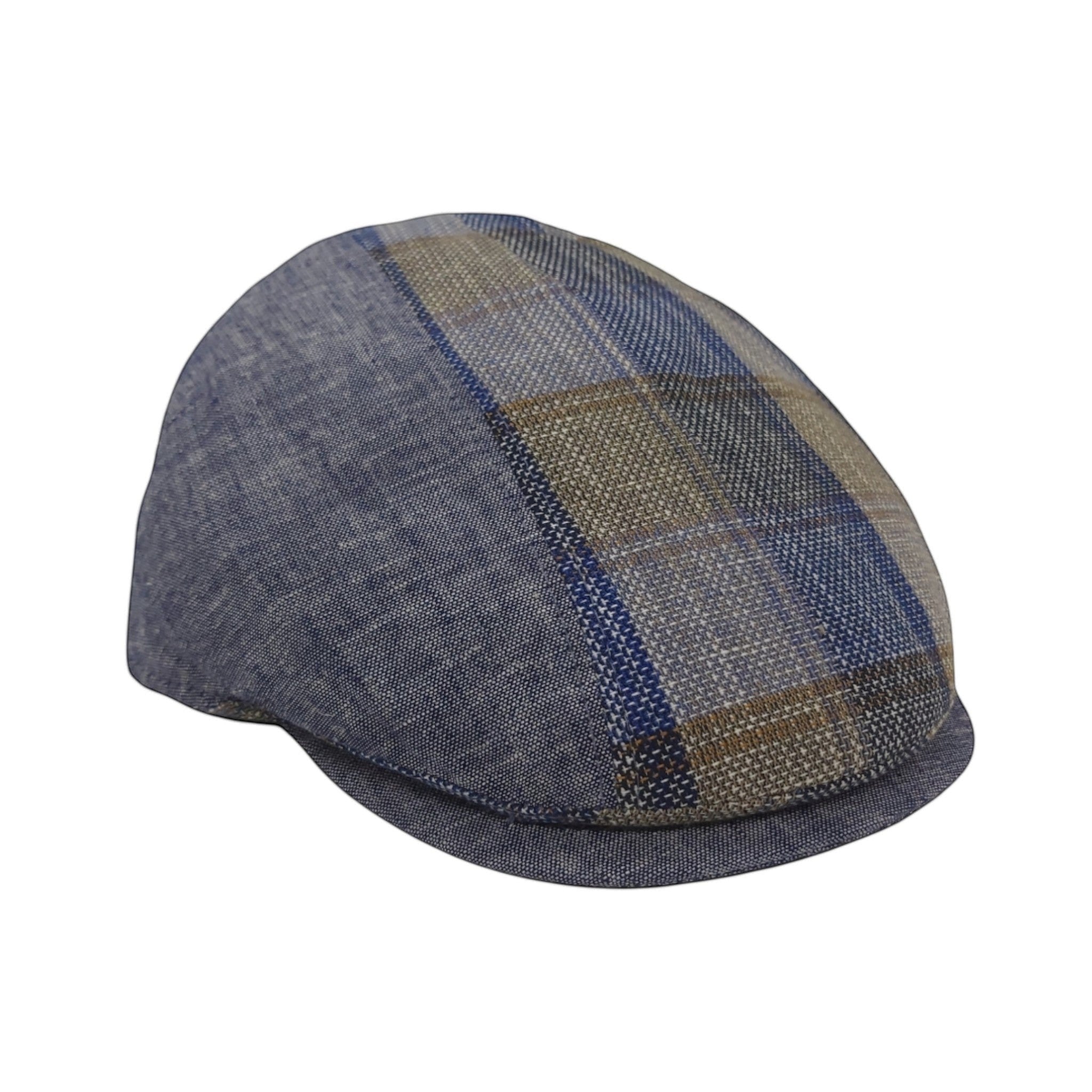 Sbarià Lampedusa flat cap in blue and brown plaid linen-cotton blend with a short brim.