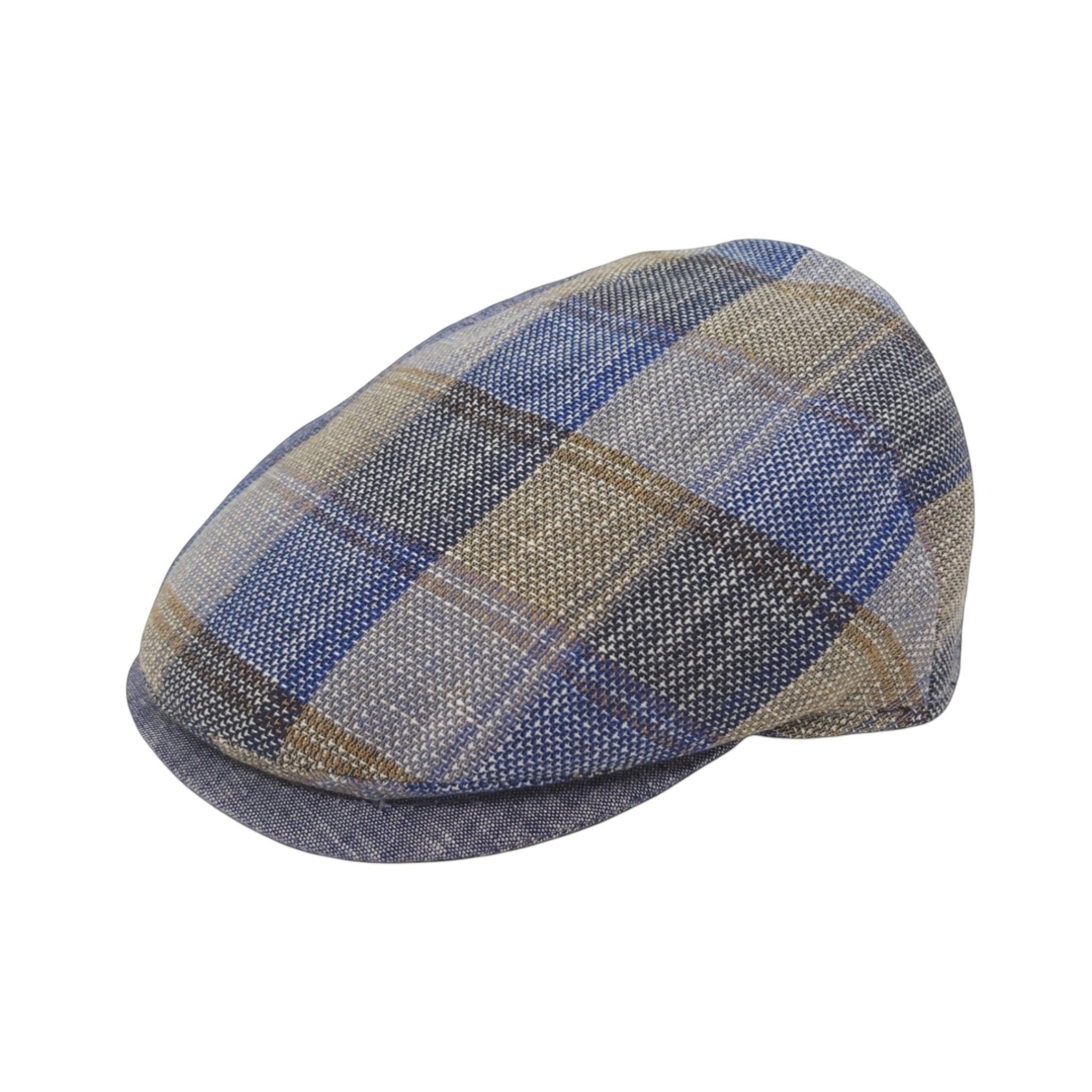 Sbarià Lampedusa flat cap in blue and tan plaid linen-cotton blend with a subtle texture and a short brim.