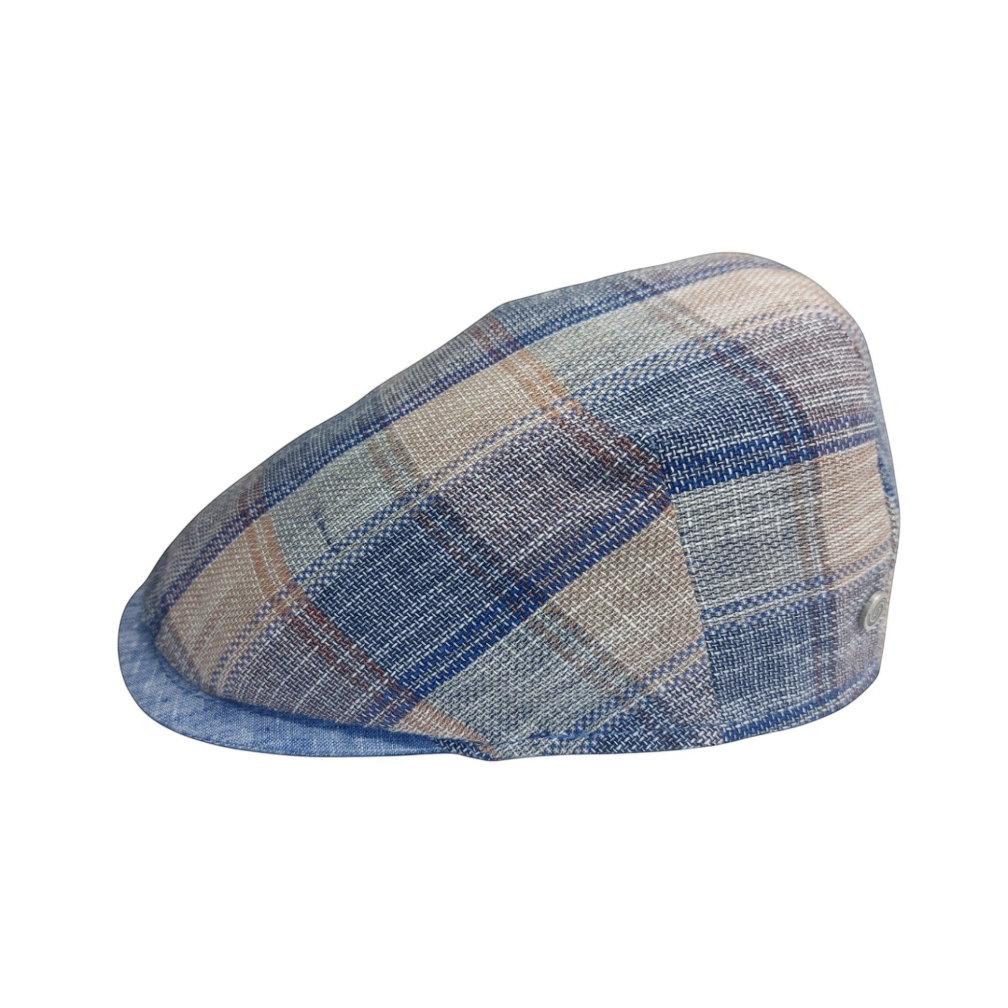 Sbarià Lampedusa flat cap in blue and tan plaid linen-cotton blend with a light blue brim and button detail.