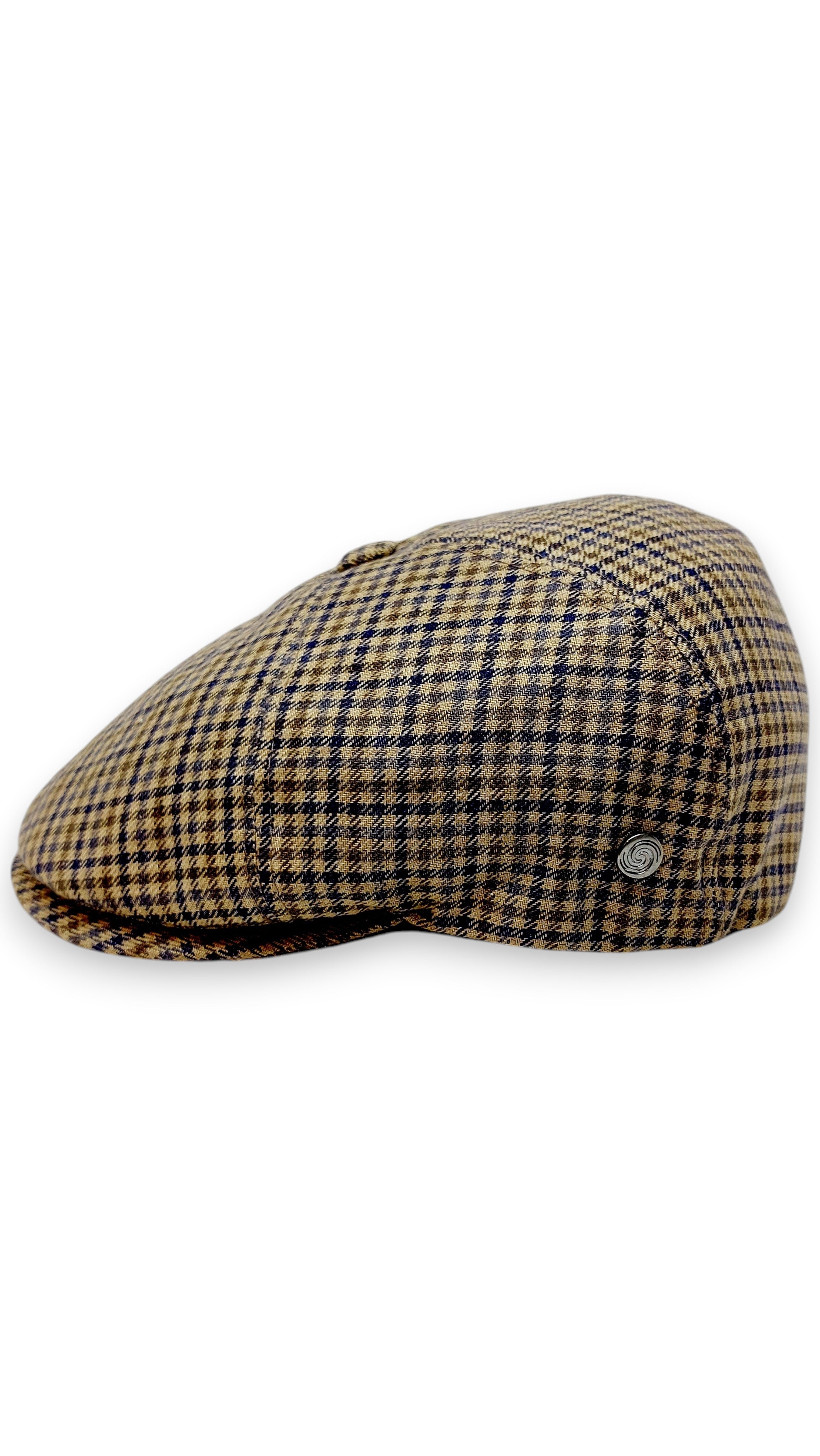 Sbarià brown and blue pied de poule 100% linen flat cap with cotton lining and UV protection.