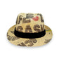 Sbarià unique coffee sack jute trilby hat with black band and red heart detail.